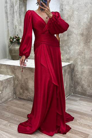 Love Me Tonight – Maxi-Abendkleid aus Satin mit Ballonärmeln und Rüschen 