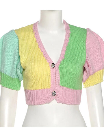 Tossy Y2K Sweater Short Cardigan Vest Women Knitted Crop Top V-Neck Lantern Sleeve Summer Mini Coat Casual Knitwear Tops