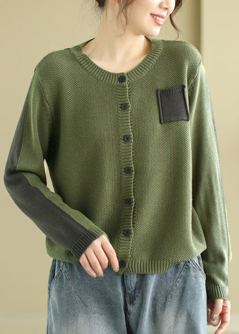 Cárdigan de punto con cuello redondo y botones de patchwork verde original para primavera 