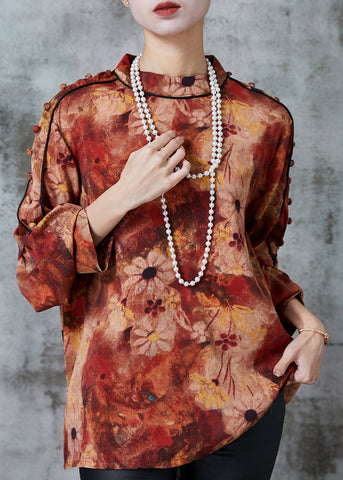 Elegante Orange Stehkragen Print Chiffon Blusen Frühling 