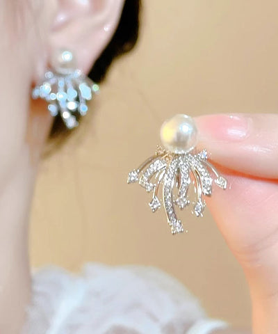 Novelty White Copper Zircon Pearl Fireworks Stud Earrings