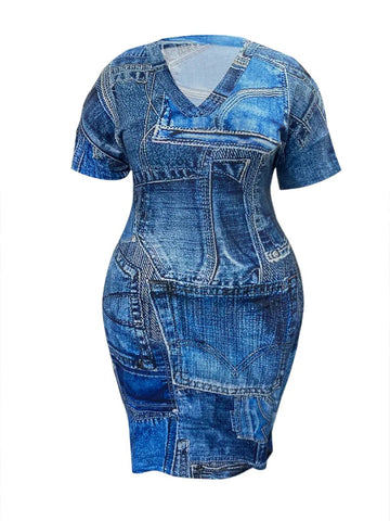 Plus Size Imitation Denim V Neck Pocket Design Dress Women's T-Shirt Summer Loose Dress Vestidos