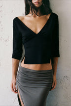 V-Neck Side Slit Half Sleeve T-shirt