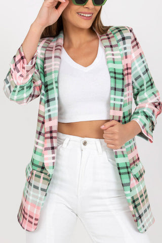 Lässiger Blazer für Damen, Farbe kariert, langärmelig, vorne offen, für die Arbeit im Büro, Anzugjacke mit Tasche 