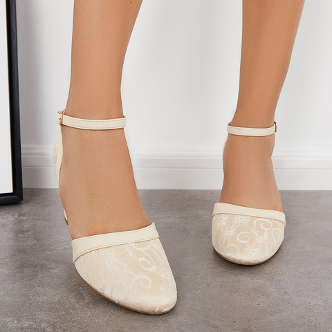 Closed Toe Block Heel Lace Satin Pumps Ankle Strap Wedding Shoes