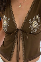 Casual Floral Lace Tie Short Sleeve Blouse