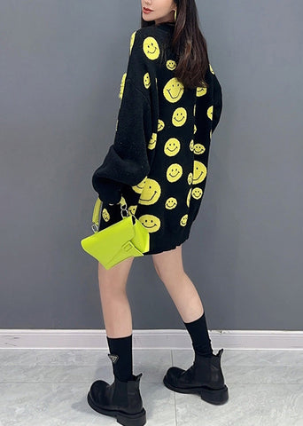 Schwarzer Patchwork-Strickpullover, mittellanges Kleid mit Rüschen, O-Ausschnitt, Herbst 