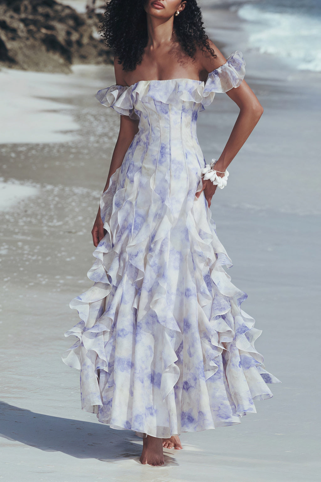 Sheer Ruffle Off Shoulder Beach Maxi Dress