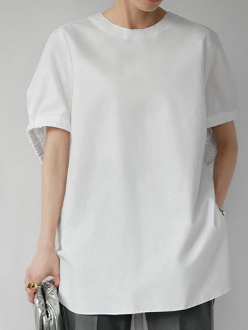 High-Low Loose Elasticity Solid Color Split-Side Rundhals-T-Shirts Tops 