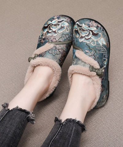 Zapatos planos con bordado de café retro y forro de lana afelpada 