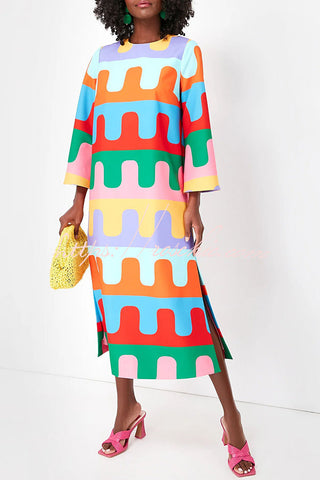 Vestido midi con abertura lateral y estampado ondulado colorido Bright Day 