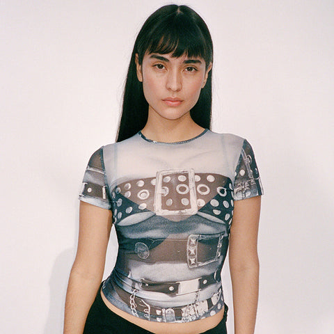 Camiseta gráfica de verano Y2K 2000S, moda urbana para mujer, tops cortos con estampado de malla 