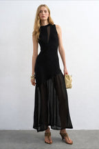 Ribbed Knit Mesh Splice Maxi Dress