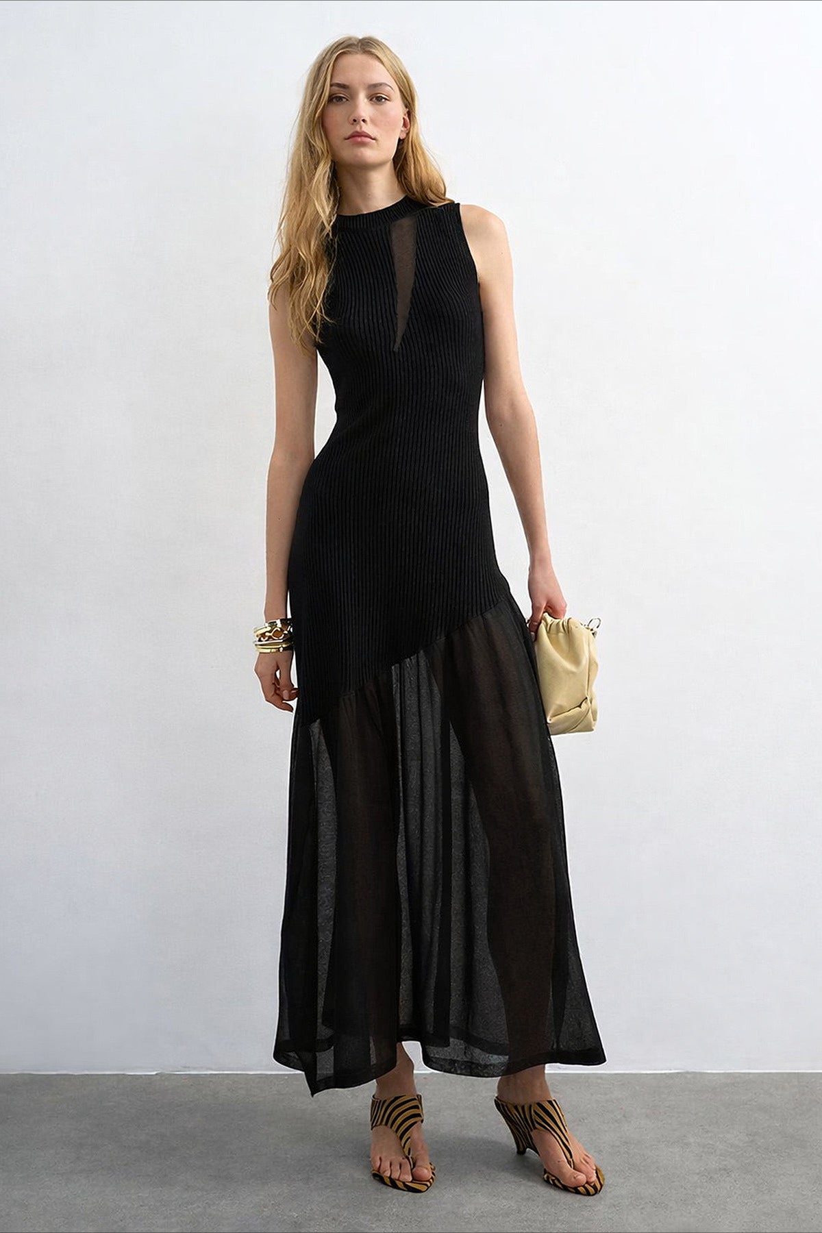 Ribbed Knit Mesh Splice Maxi Dress