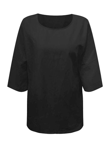 Leinen-T-Shirts mit Dreiviertelärmeln, einfarbig, geteiltem Schnitt und seitlichem Schlitz, Rundhalsausschnitt 