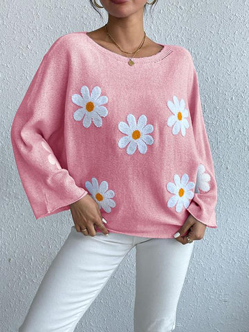 Suéter suelto con mangas de murciélago y bordado floral 