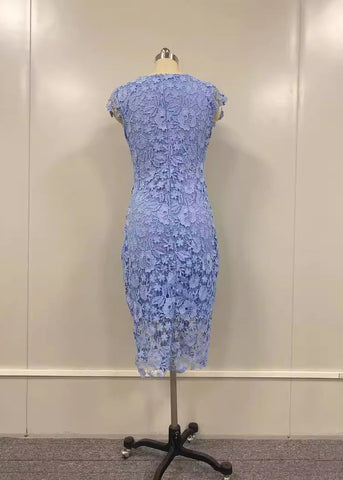 Fashion Blue O-Neck Floral Lace Maxi Dresses Sleeveless
