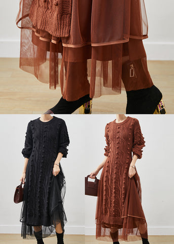 Conjunto de dos piezas de vestido de suéter de punto fino caqui y tul con abertura lateral para invierno 