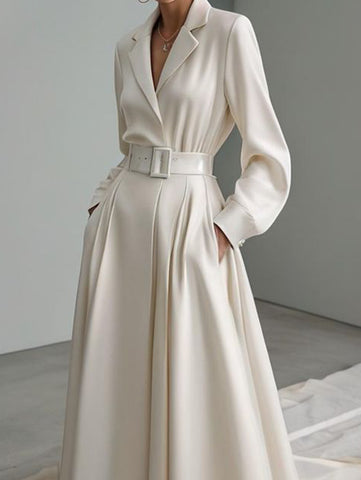 Elegant Notch Lapel Slant Pocket Belt Long Sleeve Maxi Dress
