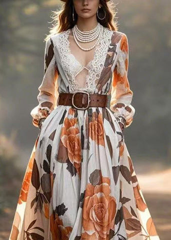 Vestido estilo escote en V con patchwork, encaje y estampado floral, ceñido, primavera 