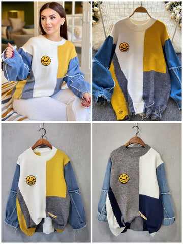 Denim Patchwork Long Sleeve Sweater