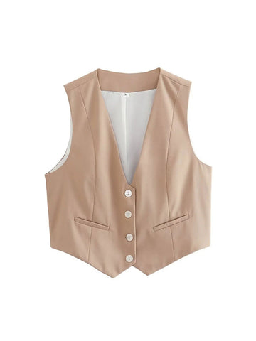 Chaleco corto sin mangas de un solo pecho, informal, a la moda, con cuello en V y bolsillos, ropa de calle sencilla de verano 2024 para mujer 