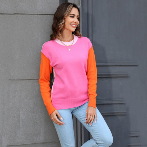 Autumn Winter round Neck Sweater Color Matching Knitwear Sweater Women
