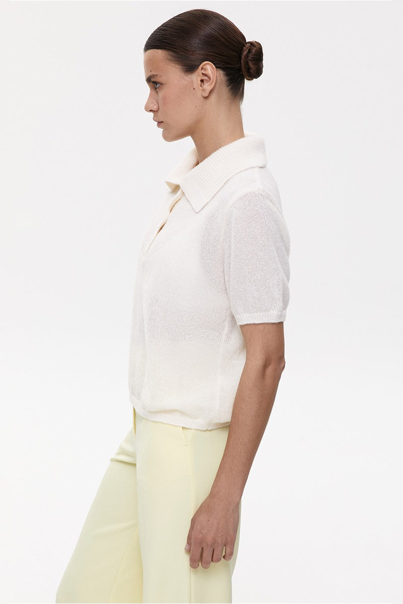 Minimalist Polo Hollow Knit Puff Sleeve Blouse