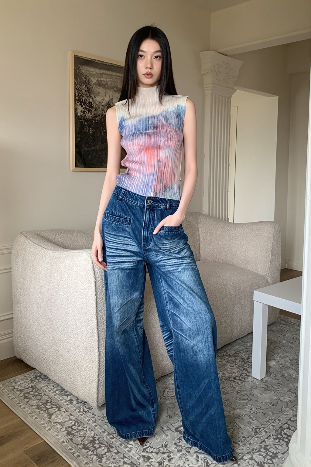 Gradient Color Mock Neck Sleeveless Pleated Casual Blouse