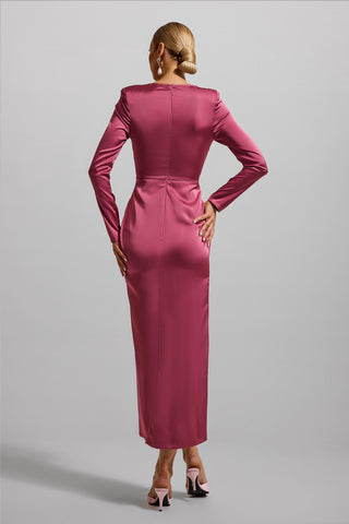 Solid Satin Faux Pearl Knotted Midi Dress