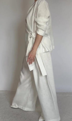 Conjunto cómodo de dos piezas de blusa y pantalón de lino y algodón para mujer 