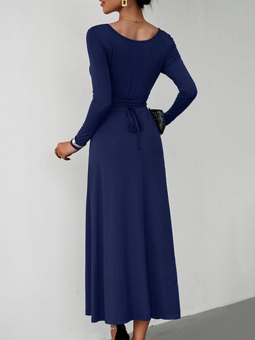 Vestidos midi de corte A, cintura alta, color liso, cintura anudada y cuello en U 