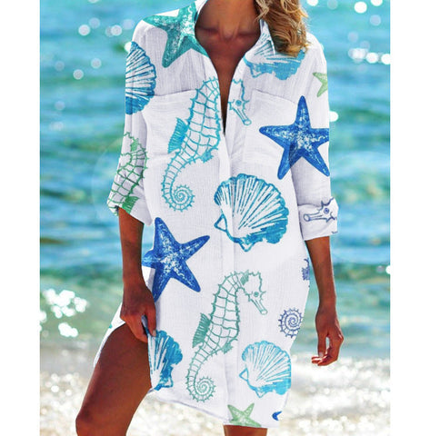 Bikini Coat Swimsuit Cardigan Women's Printed Holiday Beach Shirt