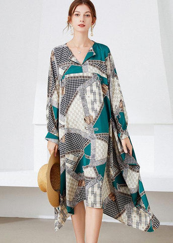 Vestidos largos de otoño con cuello en V, estampado vintage en negro y verde 