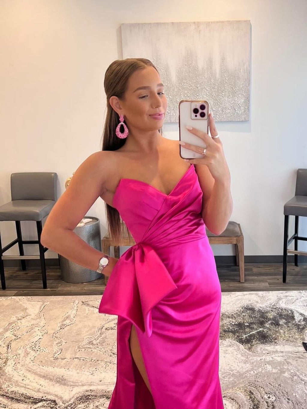 Meerjungfrauen-Abendkleid aus Satin, trägerlos, lang, mit Schleife