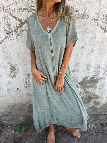 Vestido midi de algodón y lino con cuello en V 