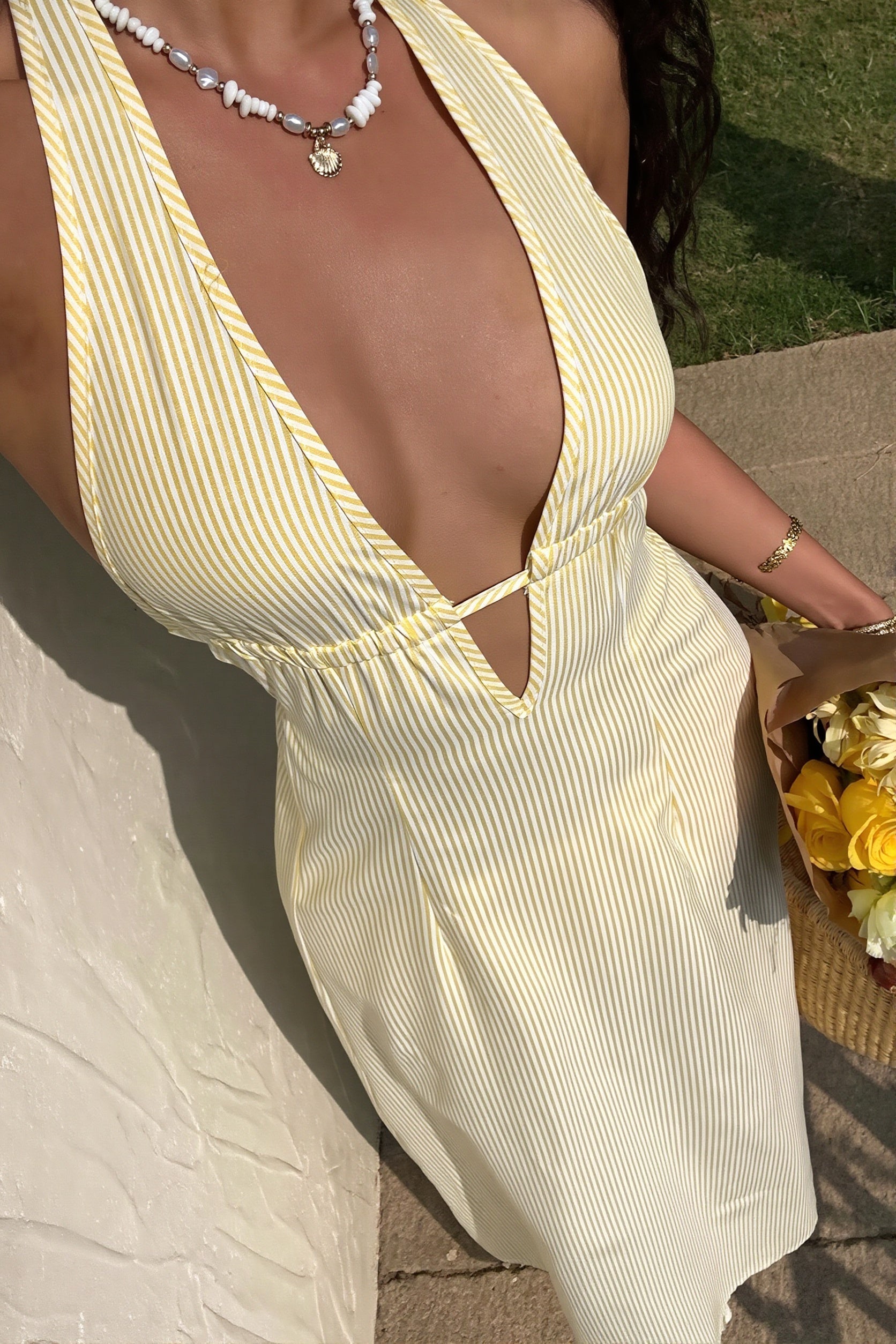 Sexy Stripe Halter Backless Lace Up Maxi Dress