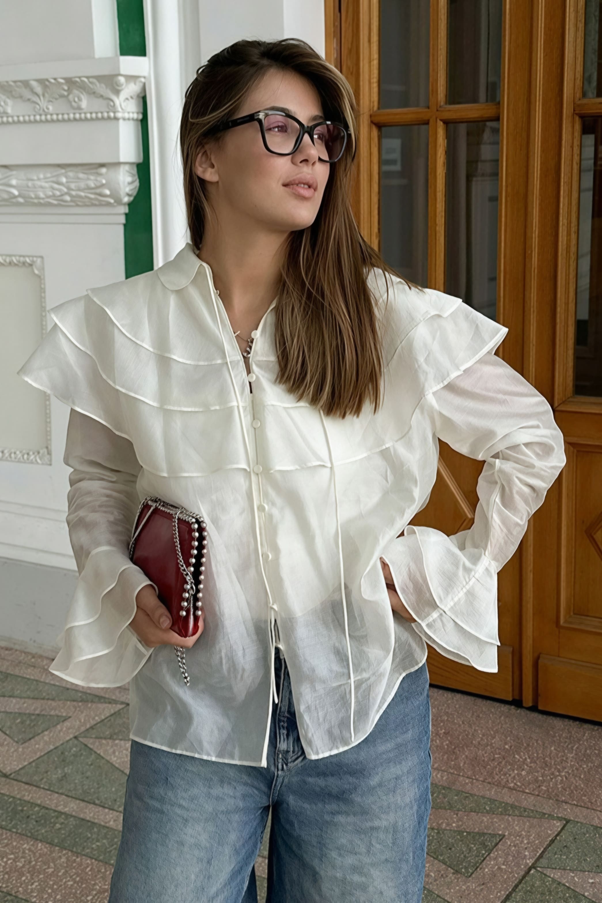 Ruffled Flare Sleeve Tencel Chiffon Blouse