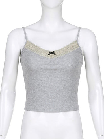 Y2k Bow Strick Crop Top Spitze V-Ausschnitt Mini Weste Damen Niedlich Basic Camis Harajuku Grau Sweats Chic Ästhetisches Koreanisches T-Shirt 