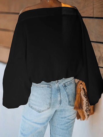 Camiseta sencilla holgada de tres colores con mangas abullonadas y estampado liso 