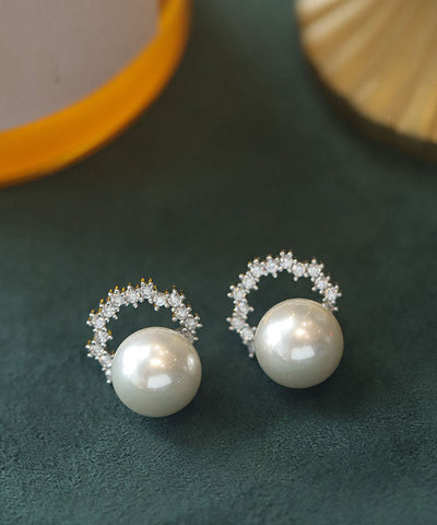 Pendientes de aro con perla de cobre blanco y circonitas 