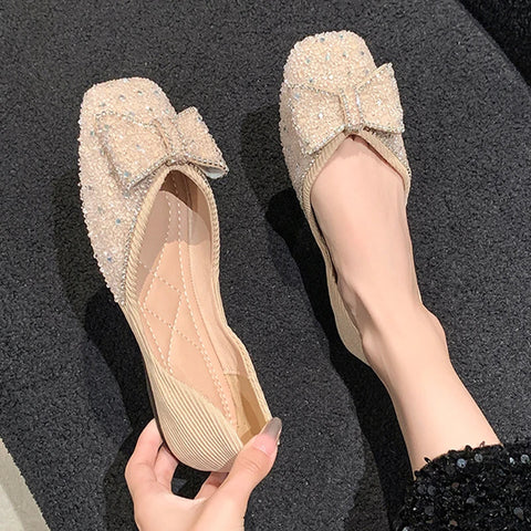 Pointed Toe Bling Bow Women Shoes 2024 Elegant Flats Shallow Sandals Autumn Designer Fad New Shoes Dress Party Chaussures Femme