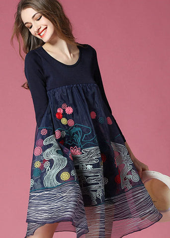 Vestido de fiesta de primavera con patchwork de organza y bordado azul marino bohemio 