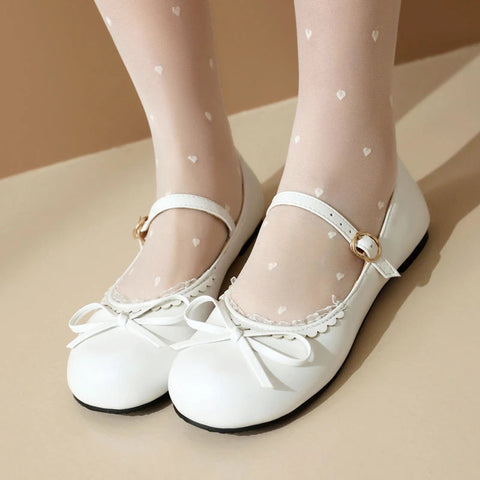 - Primavera Otoño Rosa Blanco Mary Janes Zapatos Planos Mujer Punta Redonda Hebilla Correa Lolita Niñas Estudiantes Ballet Flats Talla Grande 43 44 45 