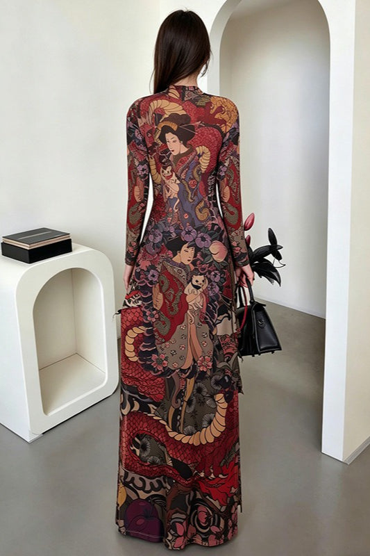 Round Neck Printed Waist Tie High Slit Maxi Dress