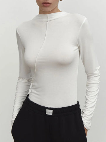 Camiseta de manga larga ajustada para mujer, estilo chic, de primavera y otoño, con cuello alto, básica, estilo urbano 