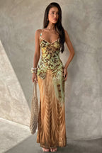 Printed V Neck Cami Slim Bodycon Maxi Dress