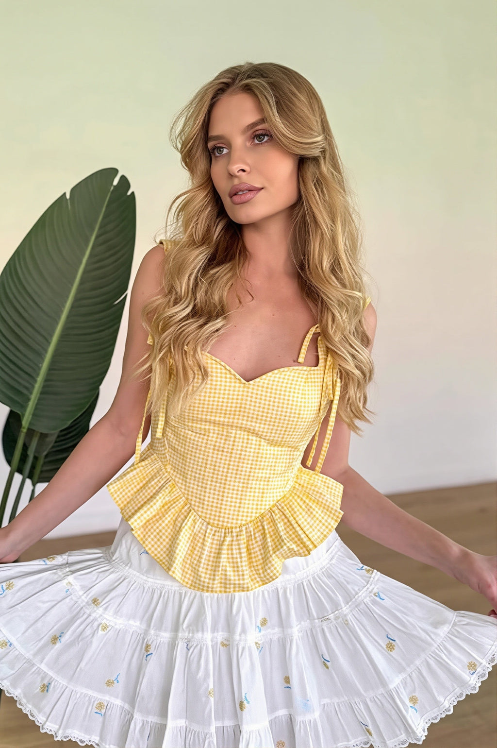 Chic Gingham Ruffle Lace Up Waist Cinch Cami Top
