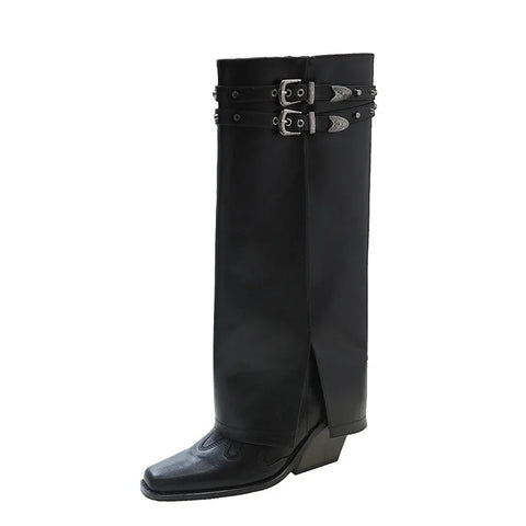 Herbst-Cowboystiefel für Damen, modisch, Schlupfstiefel, lange Rohrstiefel, quadratischer Absatz, Trend-Winterschuhe 