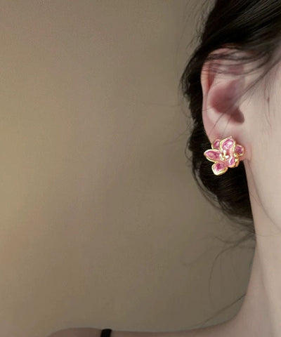 Cute Pink Metal Drip Glaze Floral Stud Earrings